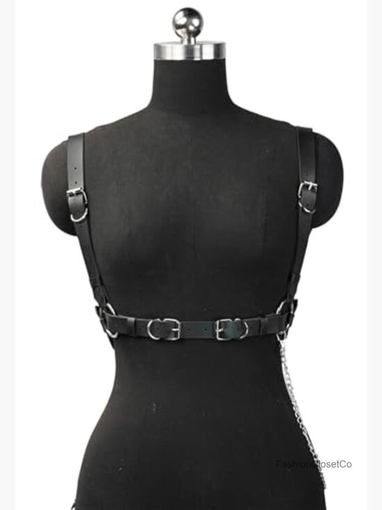 Faux Leather Harness Belt with Detachable Chain and Alloy Buckles